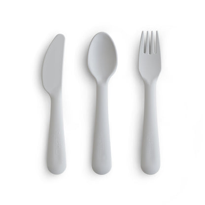 Set of gray cutlery including a knife, spoon, and fork on a white background