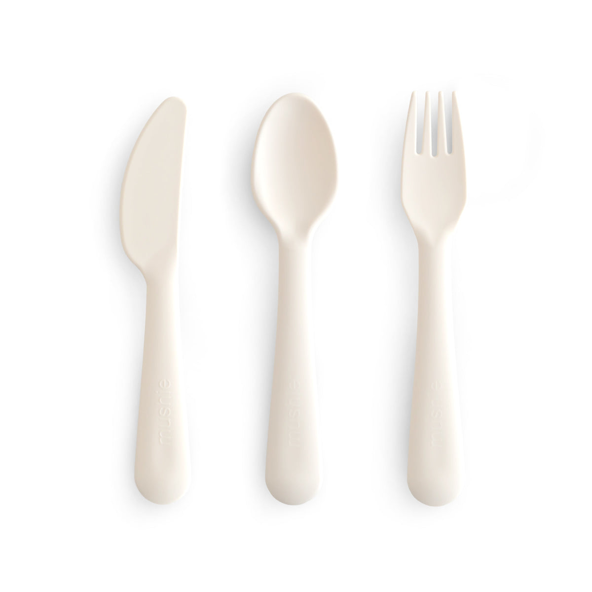 Set of white cutlery including a knife, spoon, and fork on a white background