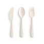 Set of white cutlery including a knife, spoon, and fork on a white background
