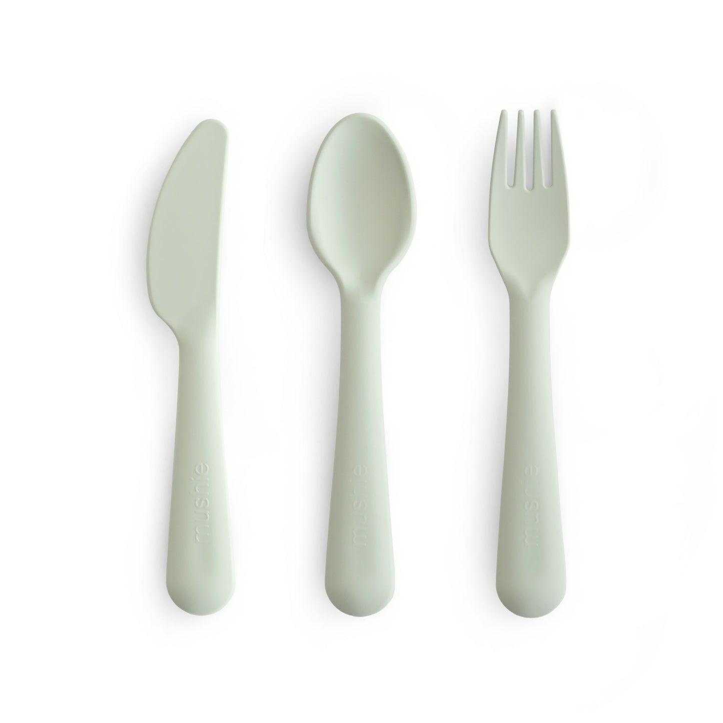 Set of green cutlery including a knife, spoon, and fork on a white background