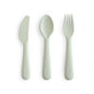 Set of green cutlery including a knife, spoon, and fork on a white background
