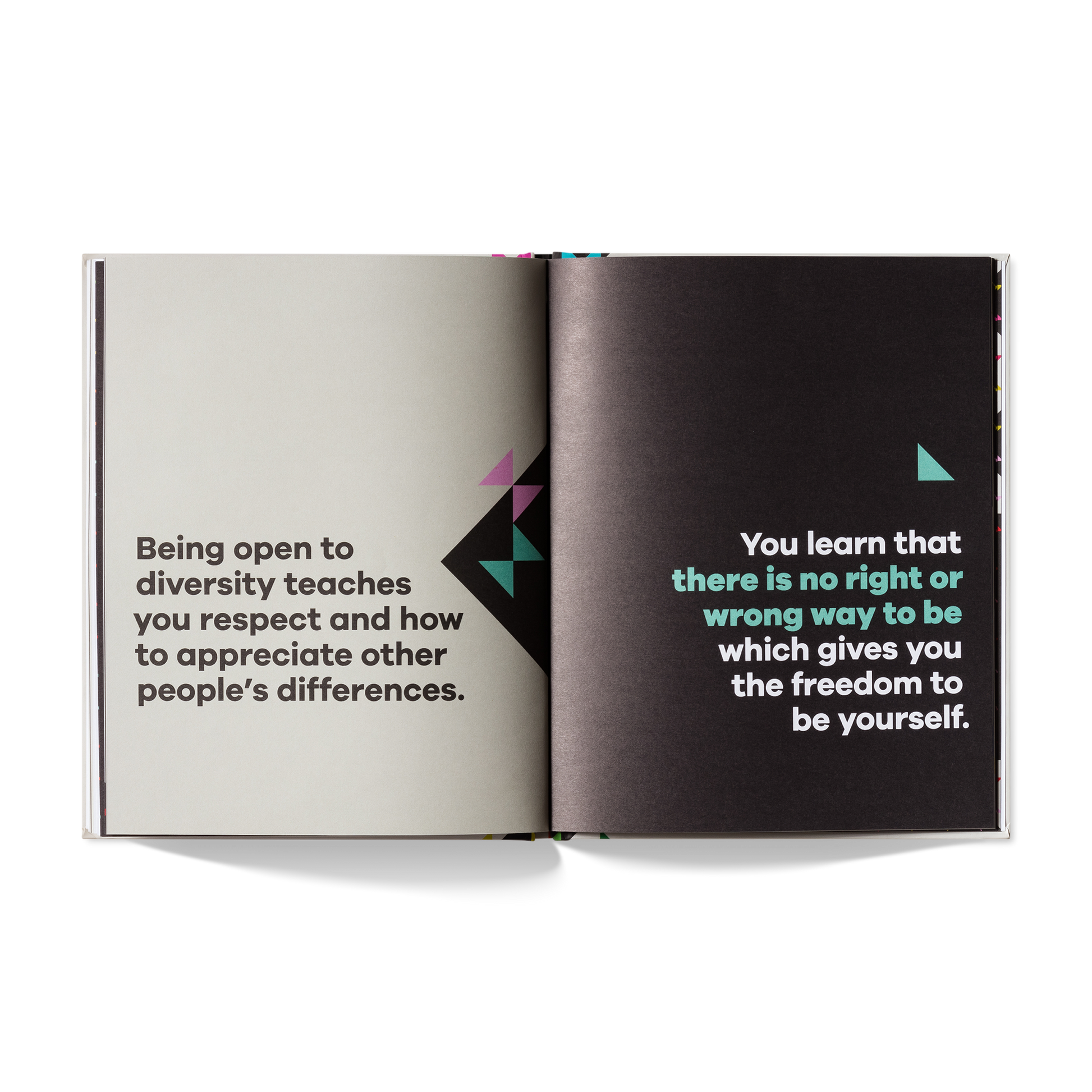 Open book with text on diversity and self-acceptance on a white background