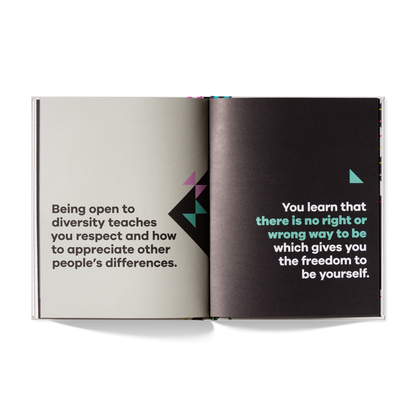 Open book with text on diversity and self-acceptance on a white background