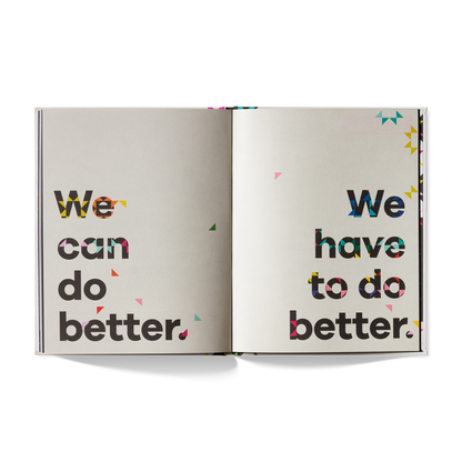 Open book with motivational text 'We can do better' and 'We have to do better' on a white background