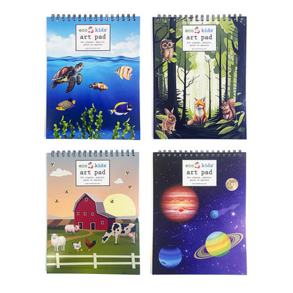 Four eco kids art pads with different themed covers on a white background