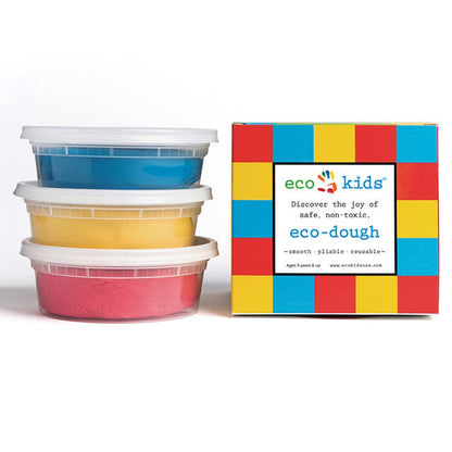 Stack of colorful eco-dough containers with a colorful box labeled 'eco-kids' on a white background.