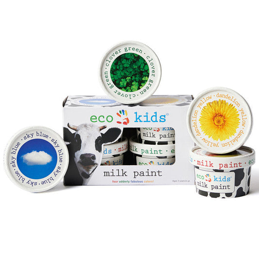 Set of eco kids milk paint containers with visible branding on a white background