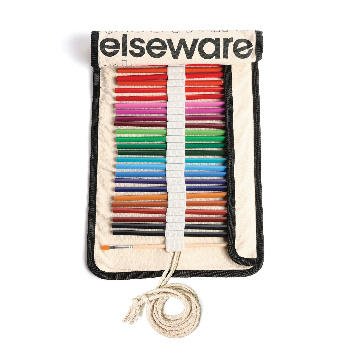Set of colorful drawing pencils in aElseware pouch on a white background