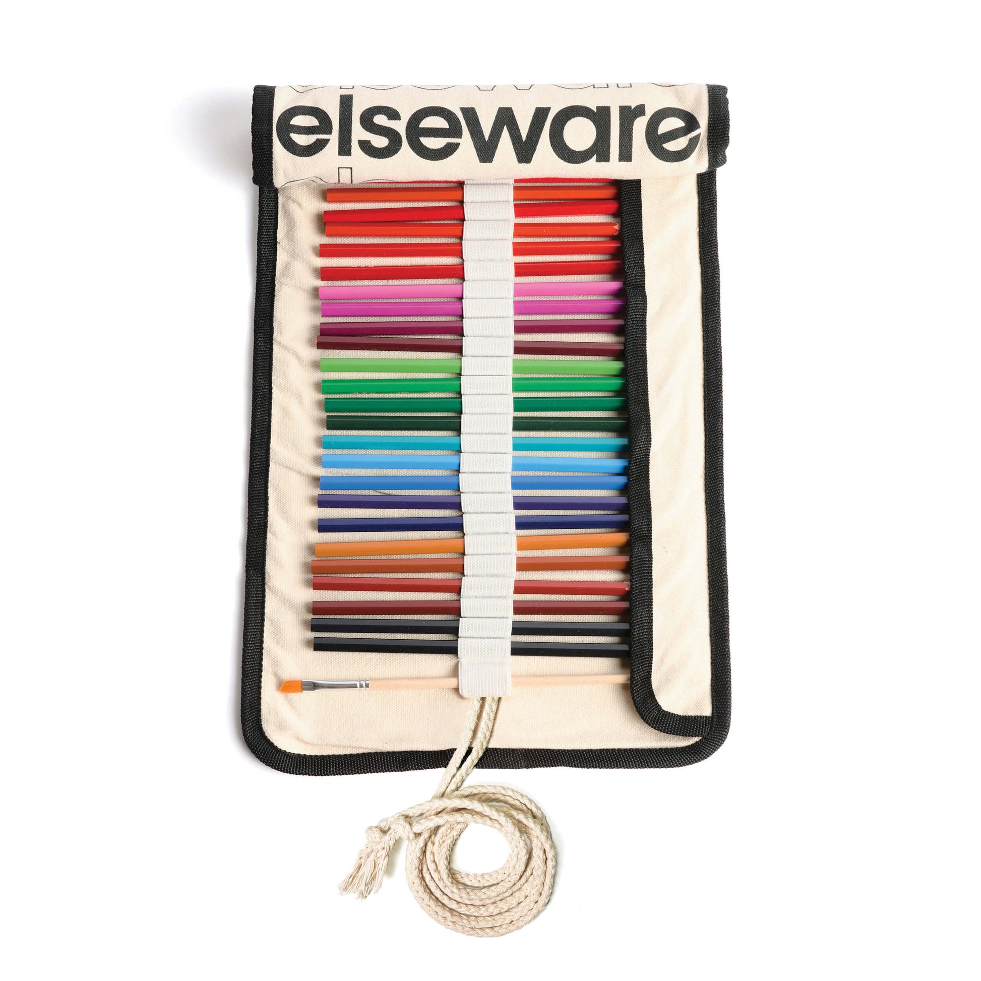 Set of colorful drawing pencils in aElseware pouch on a white background