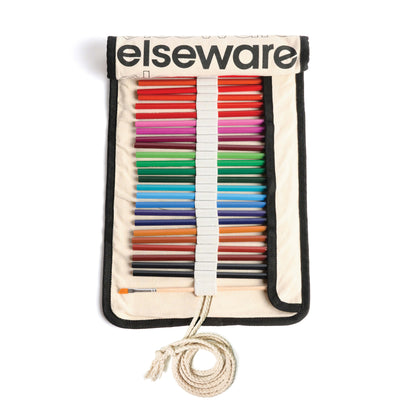 Set of colorful drawing pencils in aElseware pouch on a white background
