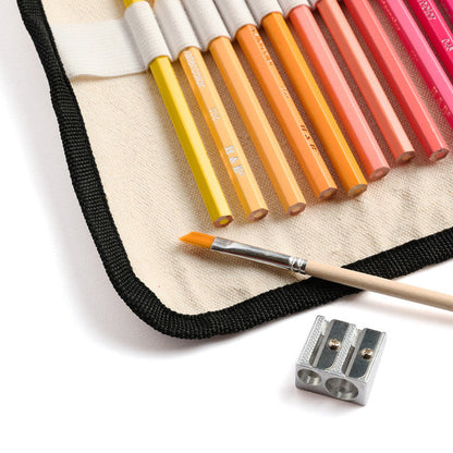 Set of colored pencils, a paintbrush, and a sharpener on a white background