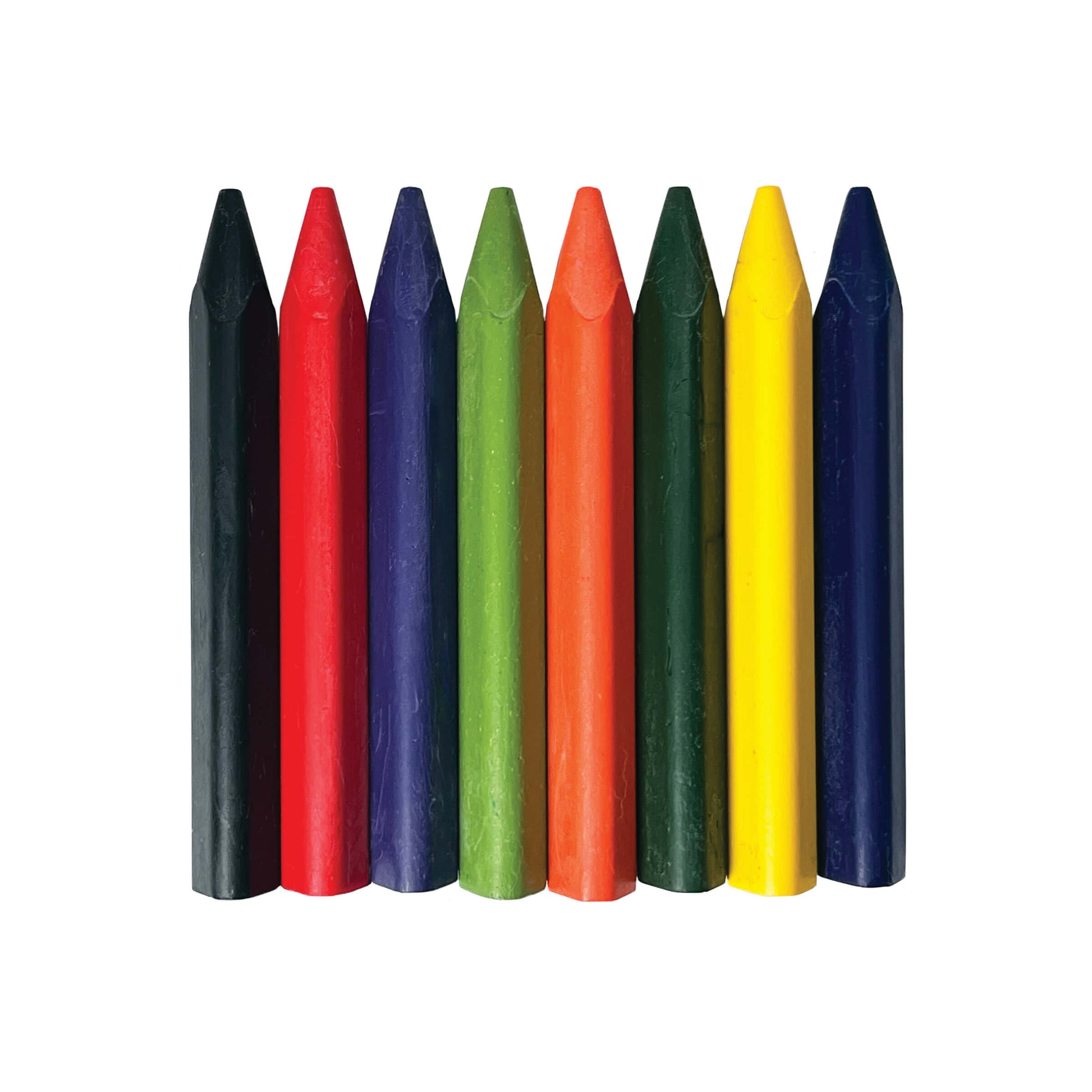 Set of eight colorful crayons on a white background