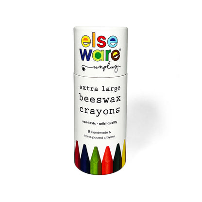 Canister of else Ware extra large beeswax crayons on a white background
