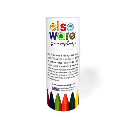Else Ware beeswax crayon container with colorful crayons on a white background