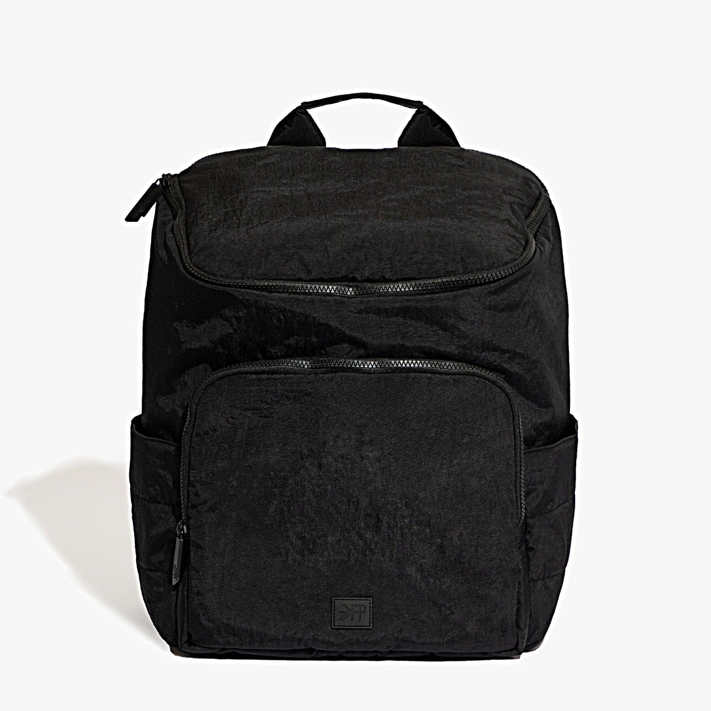 Black backpack on a light gray background