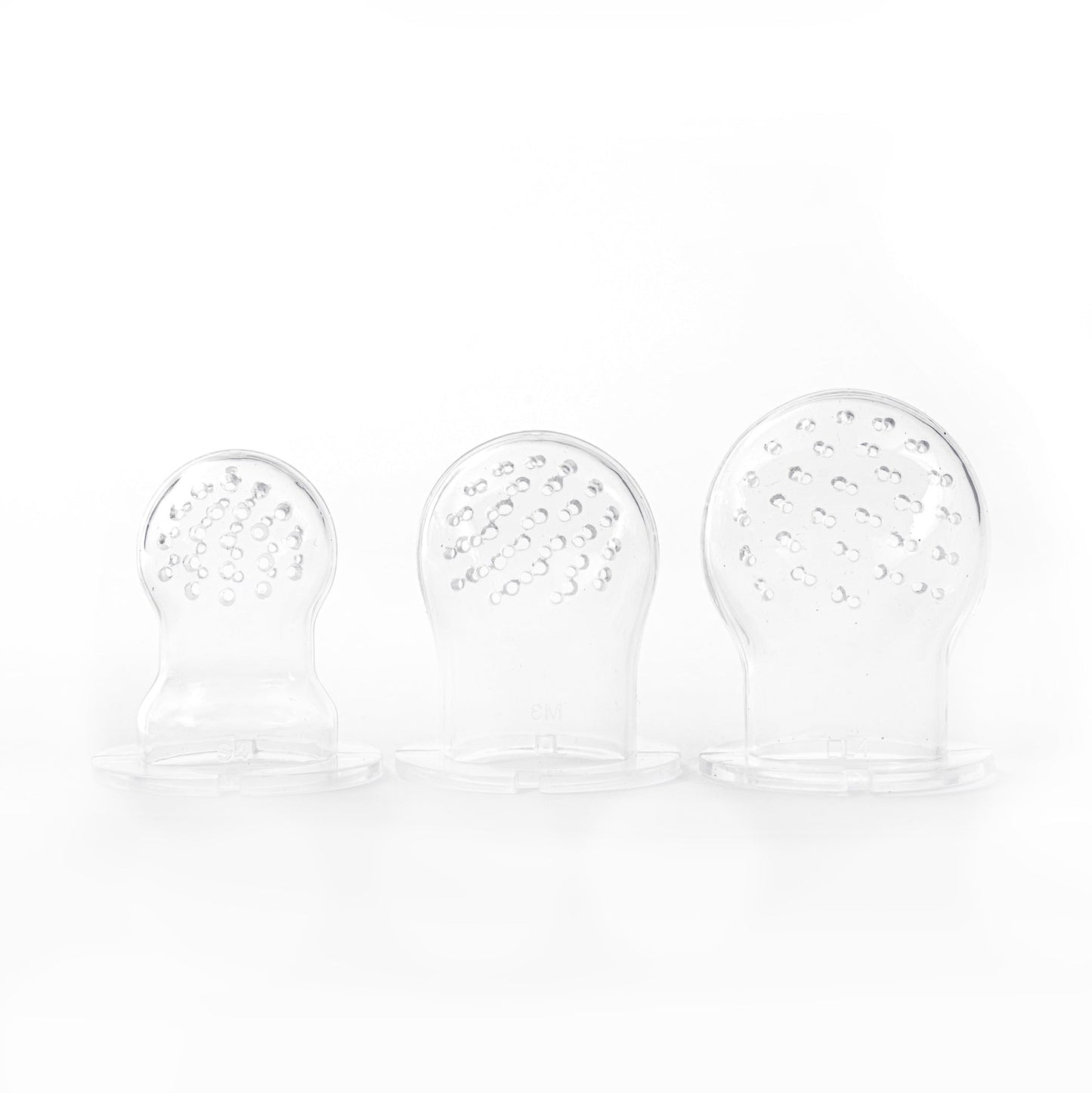 Three clear silicone teether shapes on a white background