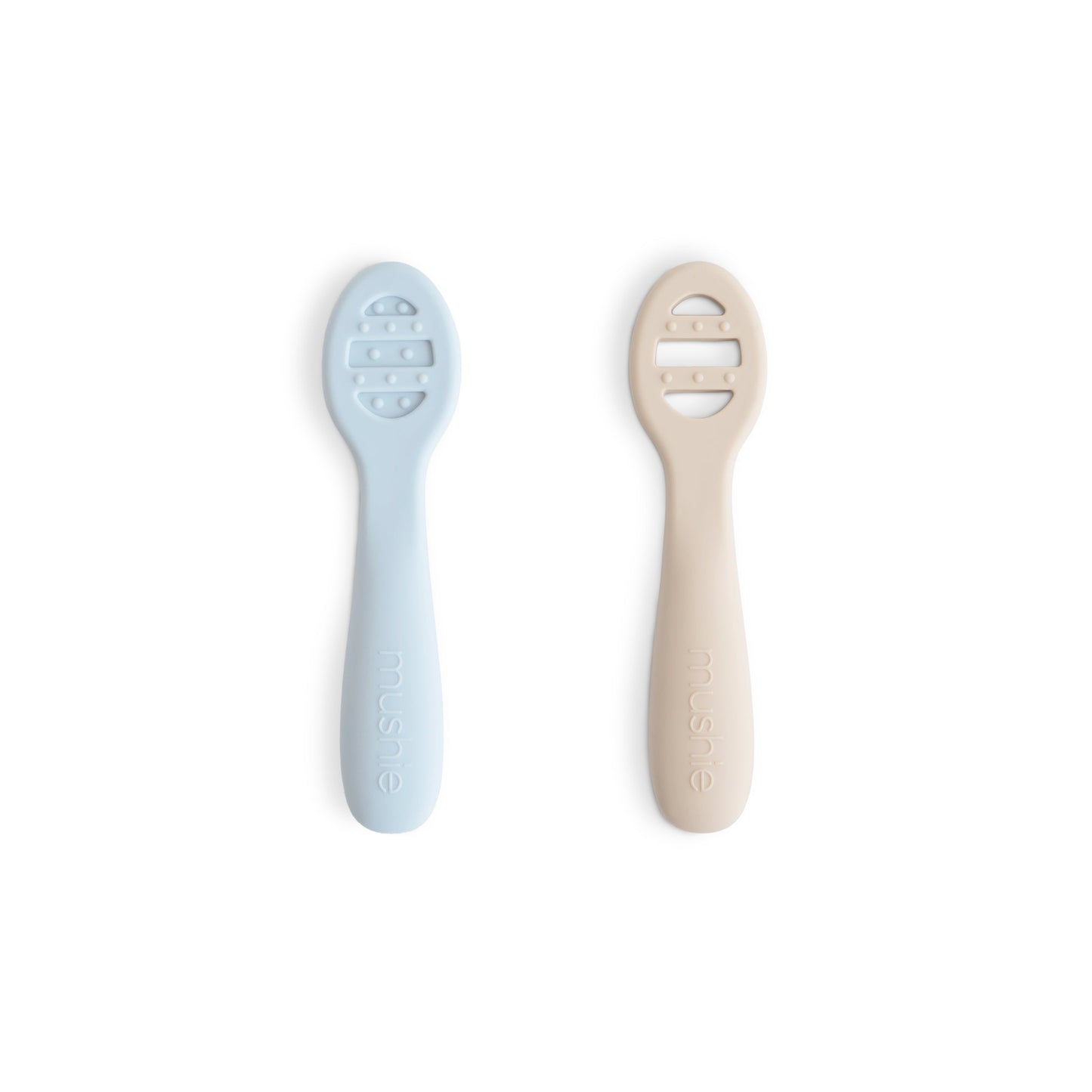 Two baby utensils, one light blue and one beige, on a white background