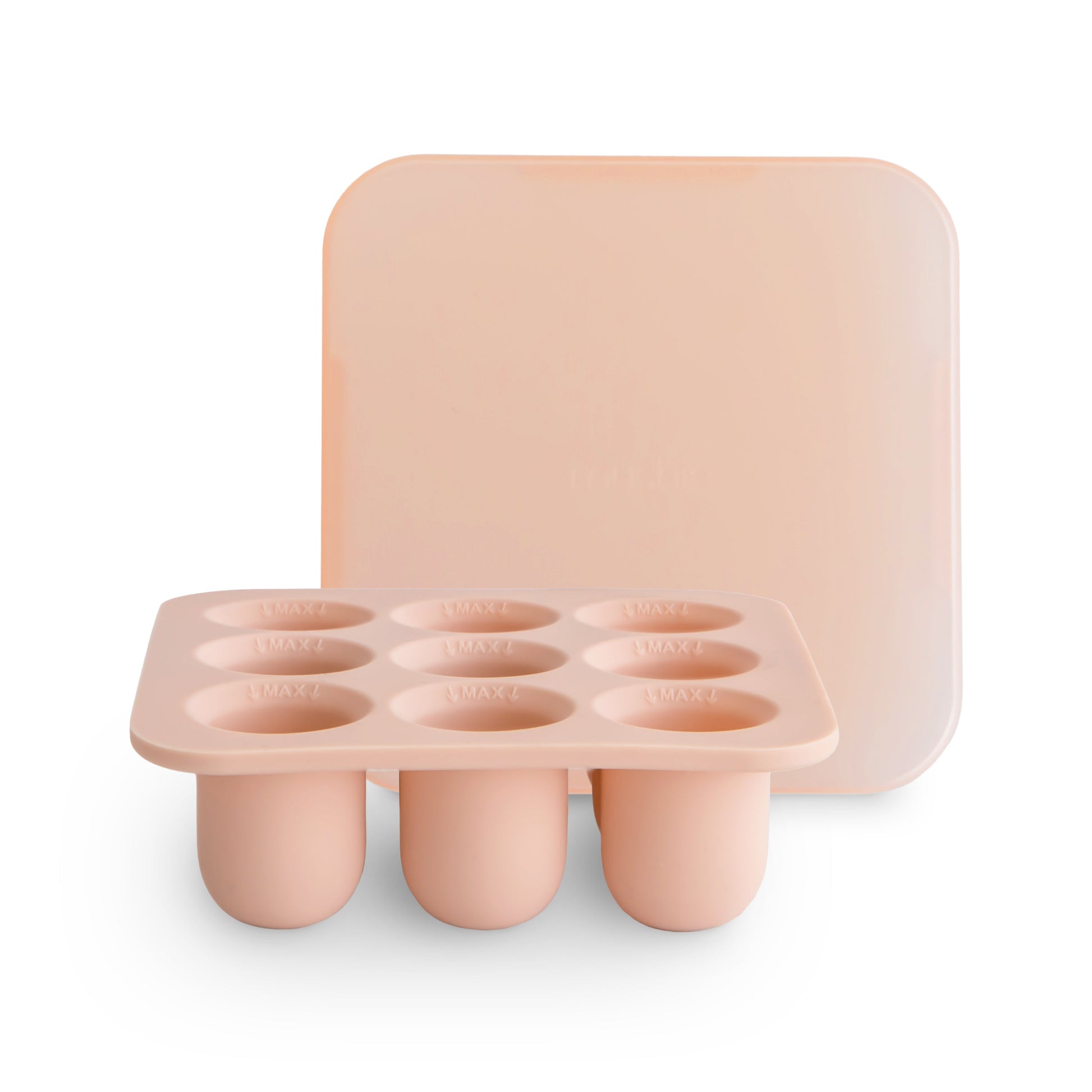 Pink silicone mold with popsicle sticks on a white background