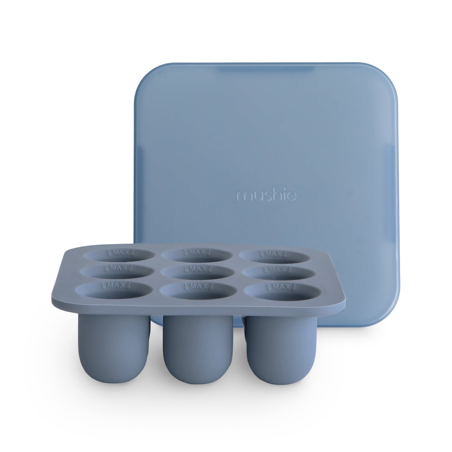 Blue silicone ice cube tray with lid on a white background
