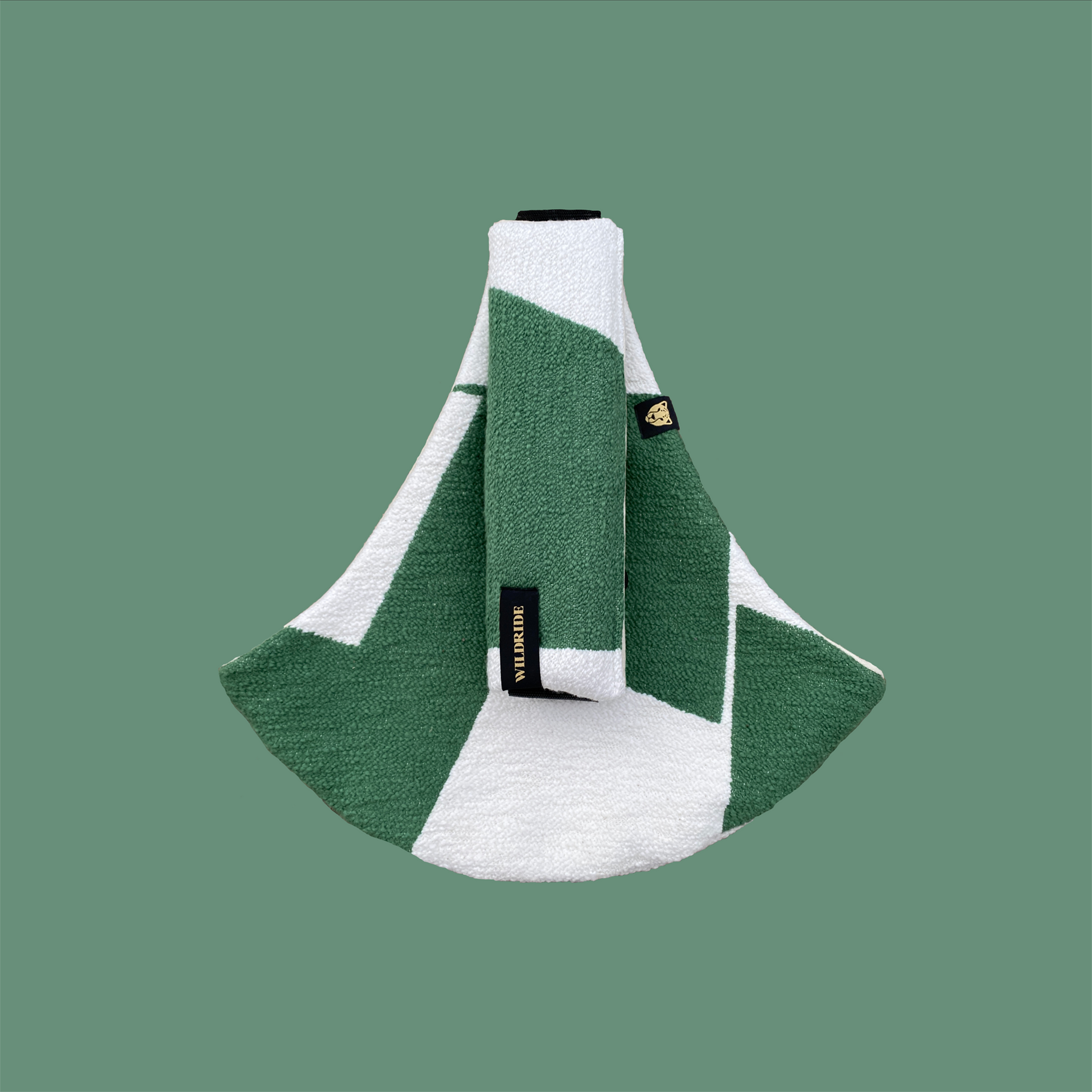 Green and white toddler carrier with a brand tag on a green background