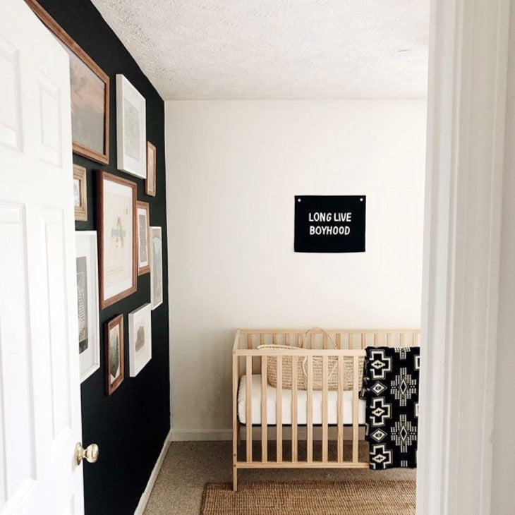 Nursery room with a crib, wall art, and framed pictures on a black wall.