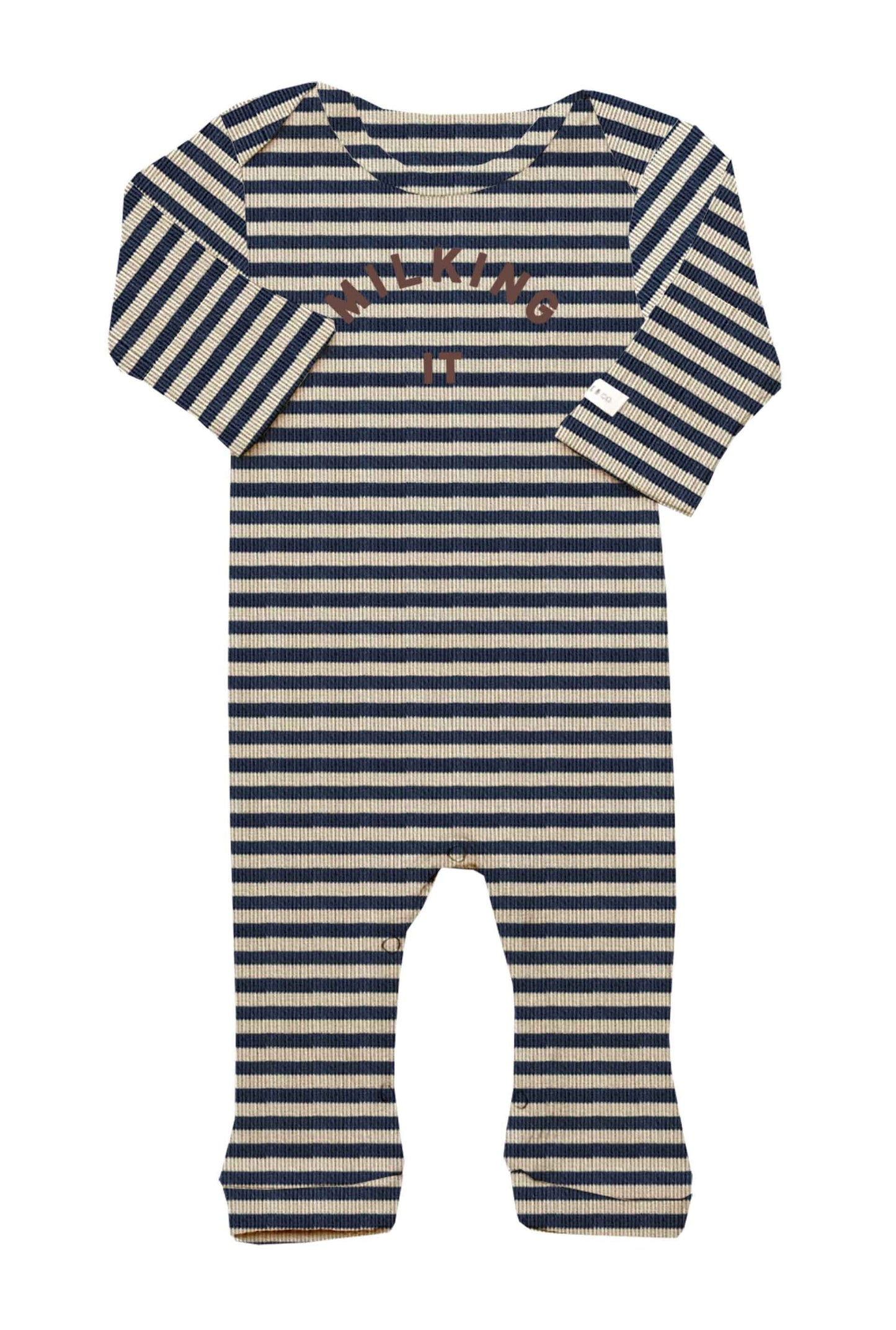 Navy and beige striped baby romper with a small design on a white background