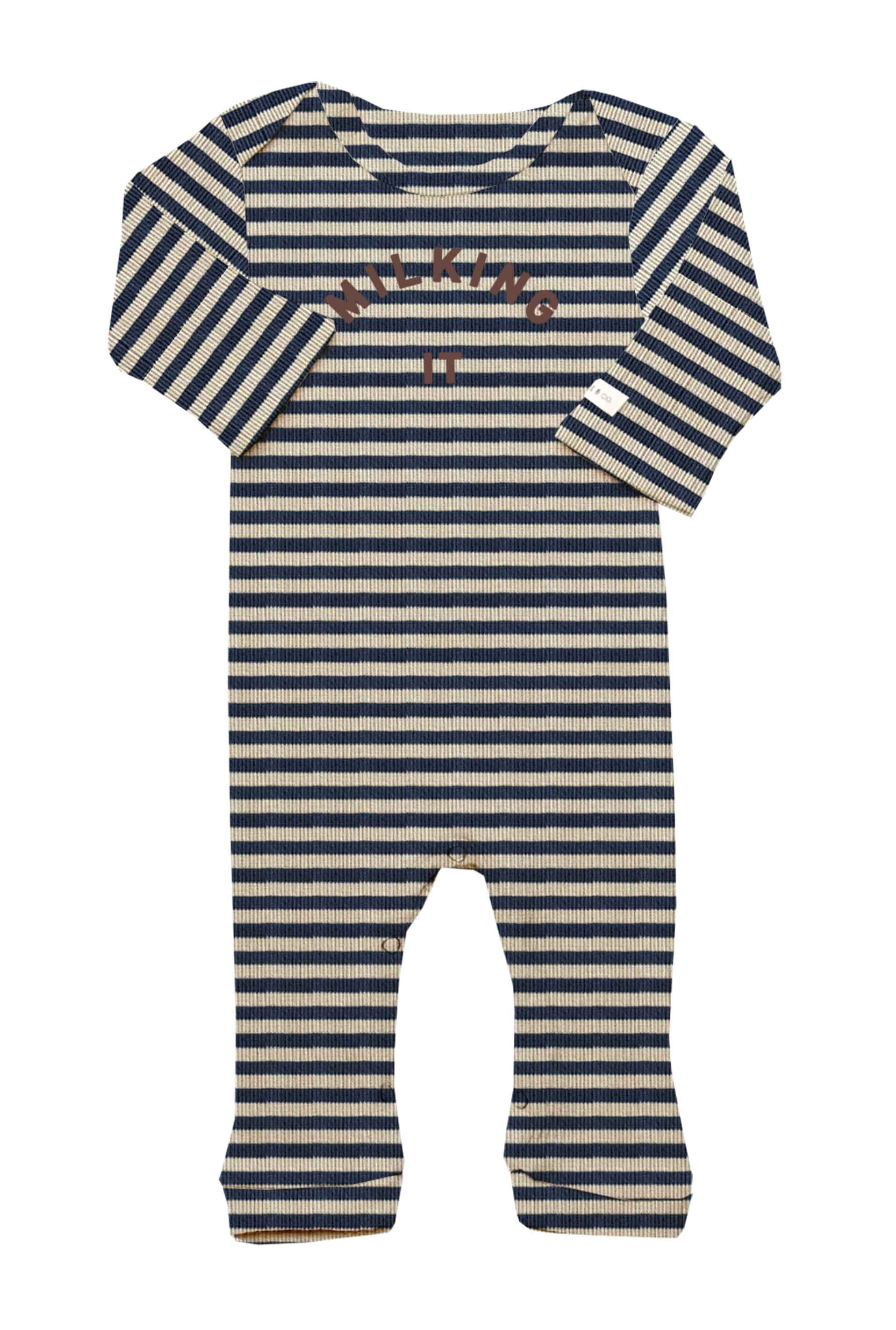 Navy and beige striped baby romper with a small design on a white background