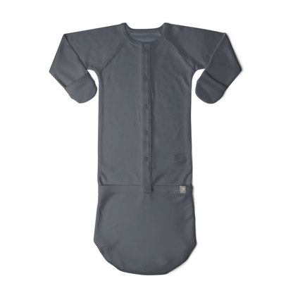 Gray baby gown with buttons on a white background