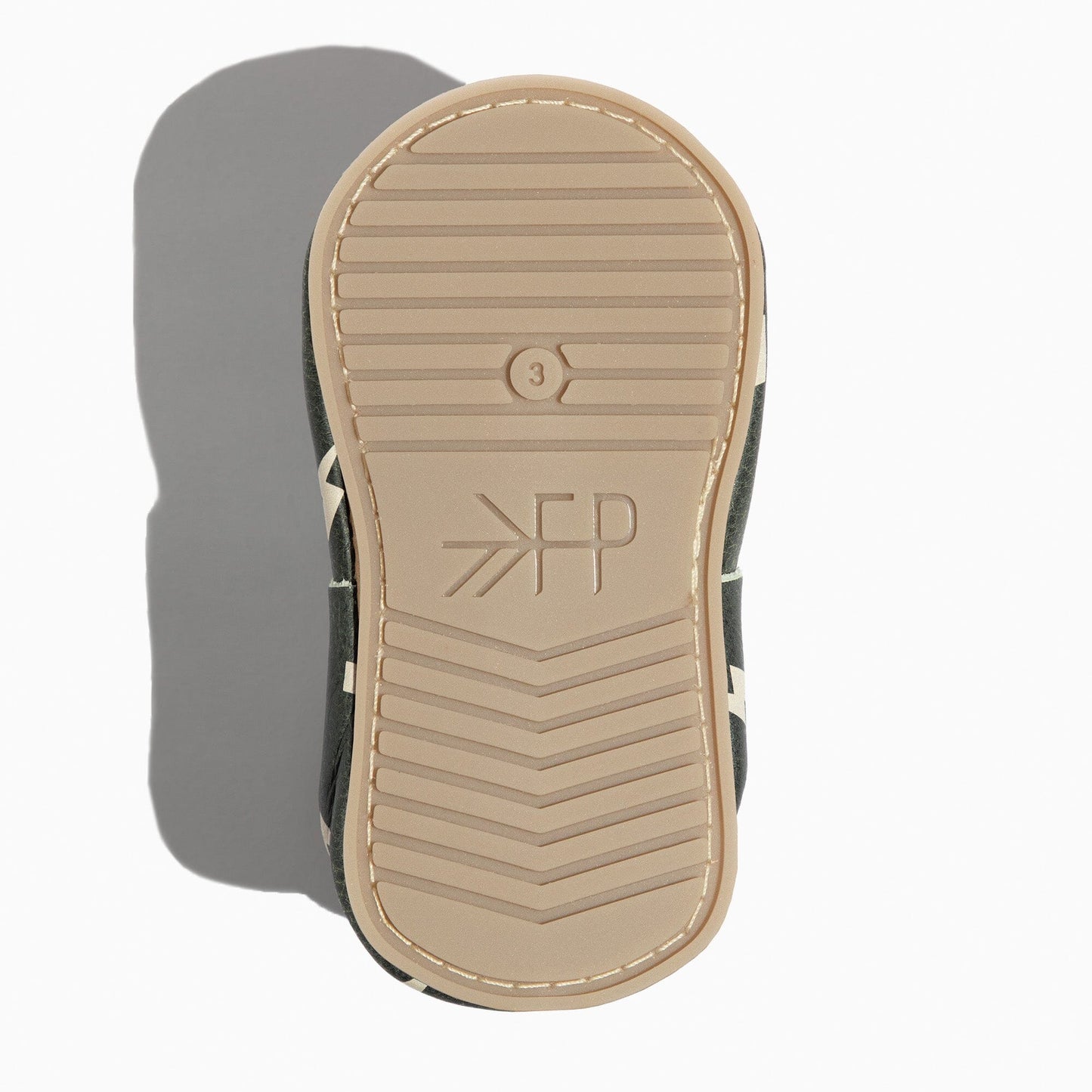 Close-up of a sandal sole with a brand logo on a white background