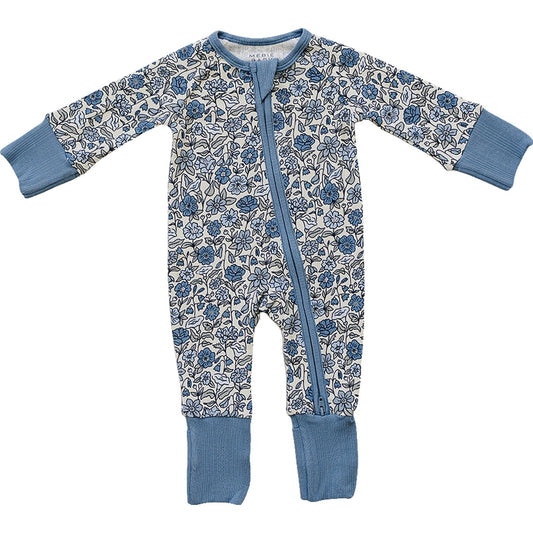 Floral-patterned baby onesie with blue accents on a white background