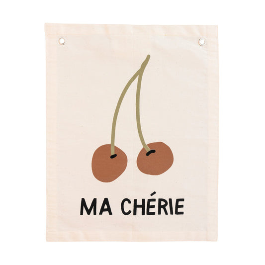 Decorative banner with two cherries and 'MA CHÓRIE' text on a beige background