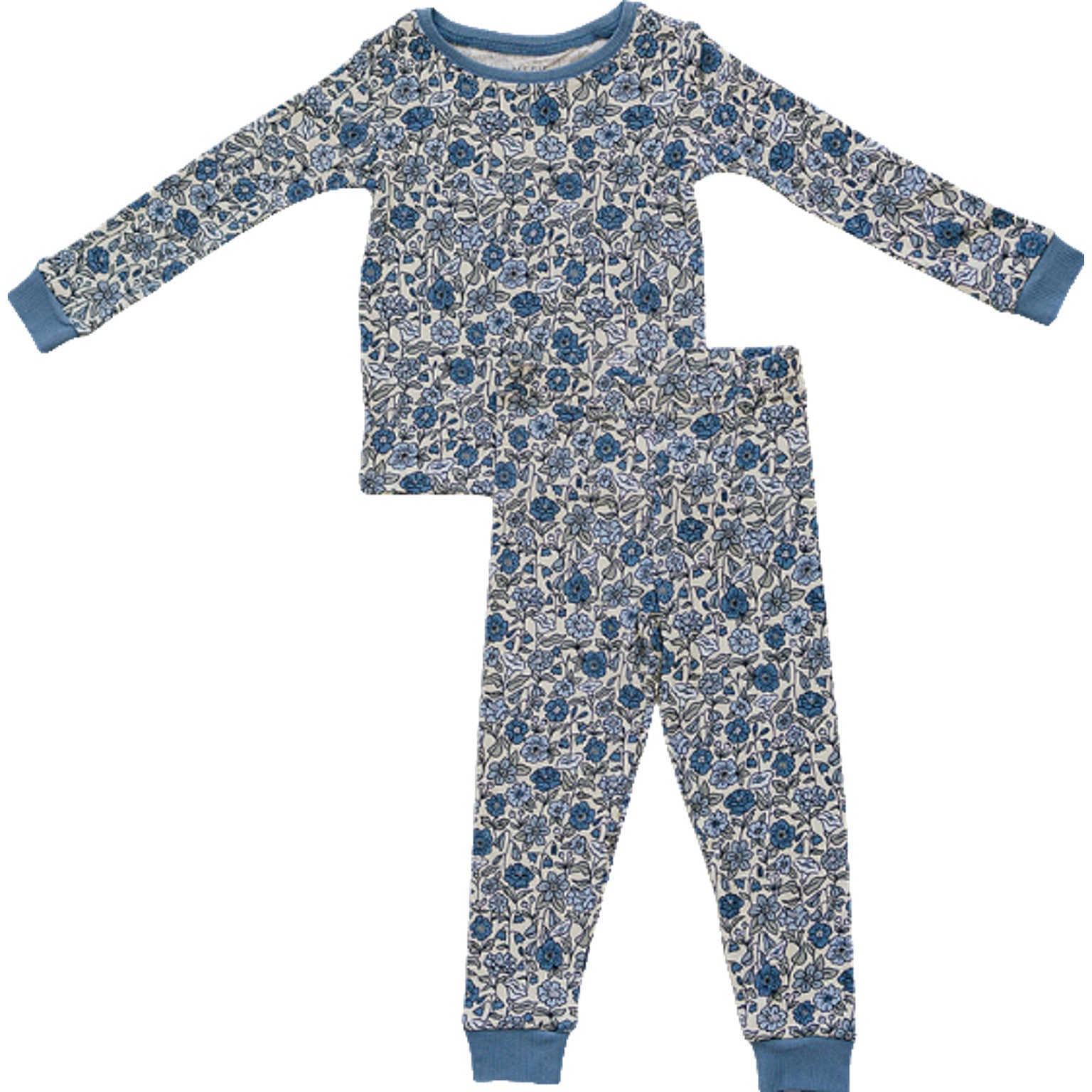 Floral pajama set with blue accents on a white background