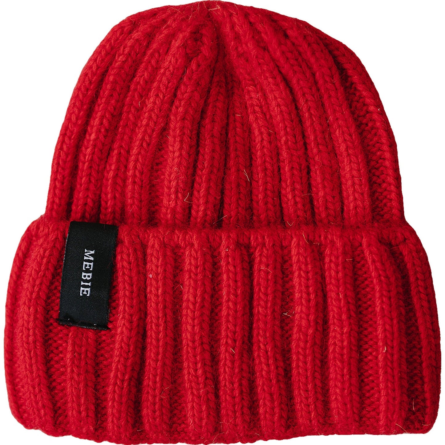 Red knit beanie with a black label on a white background