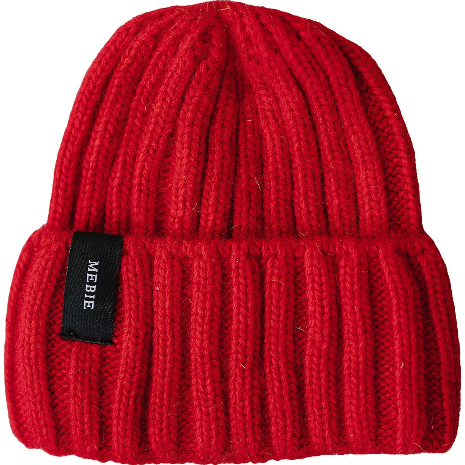 Red knit beanie with a black label on a white background