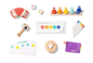 Collection of educational toys and materials for music learning on a white background