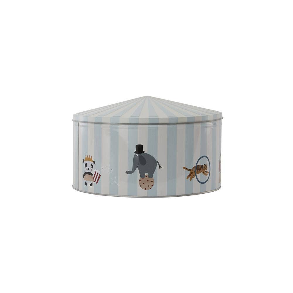 Striped children's ottoman with animal illustrations on a white background