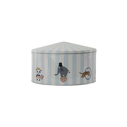 Striped children's ottoman with animal illustrations on a white background
