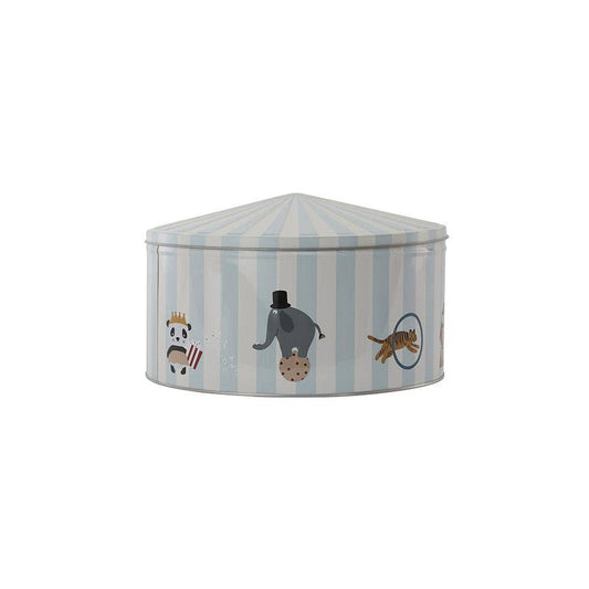 Striped children's ottoman with animal illustrations on a white background