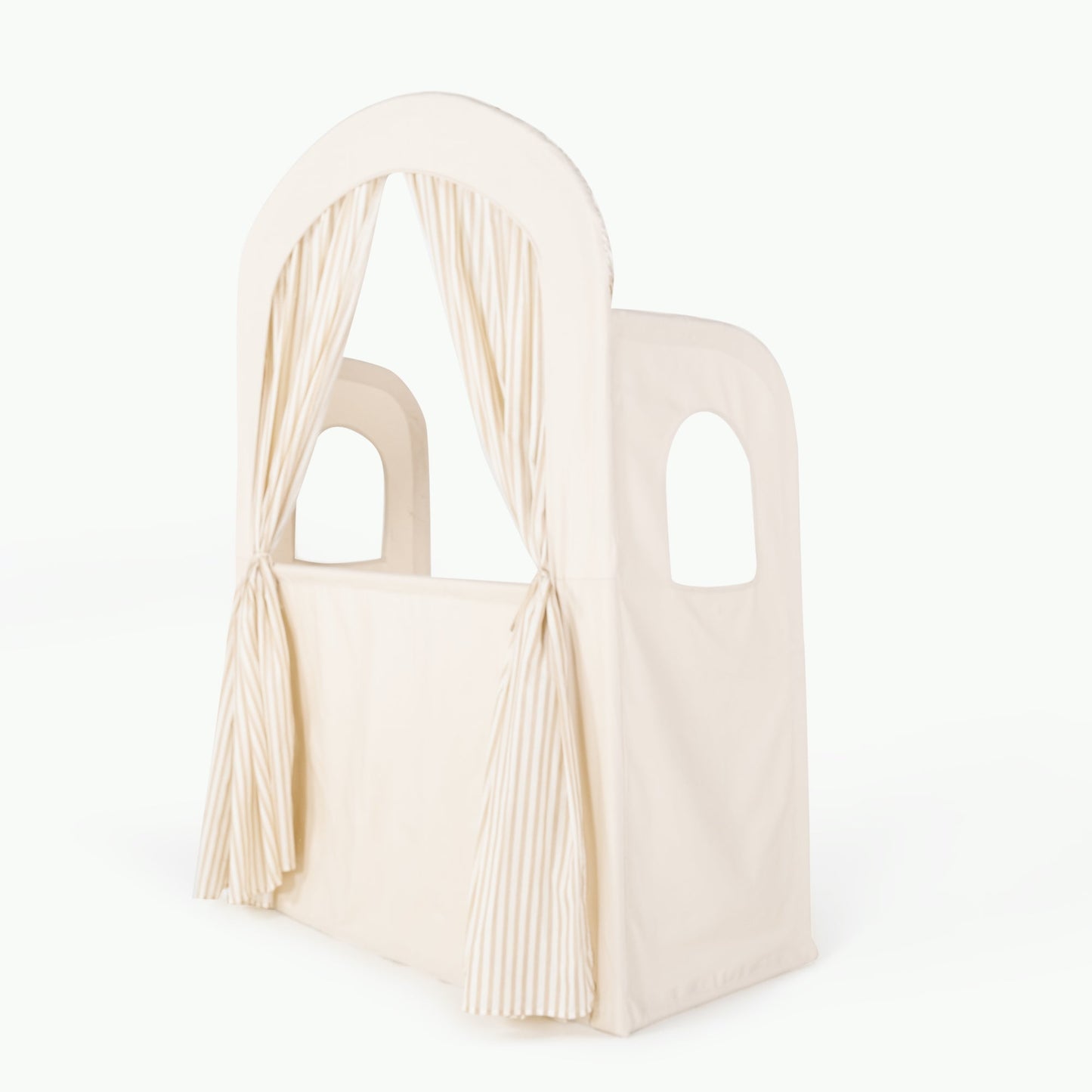 Beige tote bag with pleated design on a white background