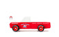 Red toy truck with white top and visible branding on a white background