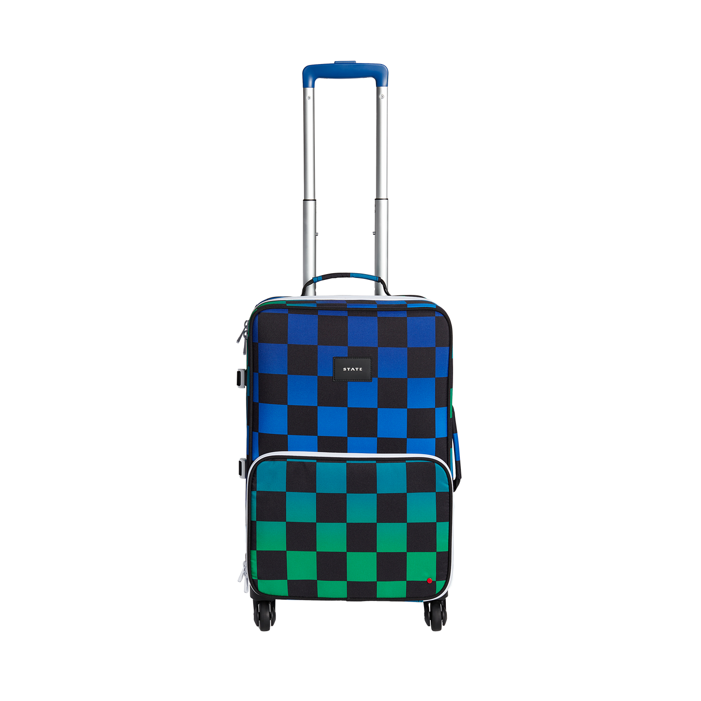 Checkered suitcase with blue and green pattern on a white background