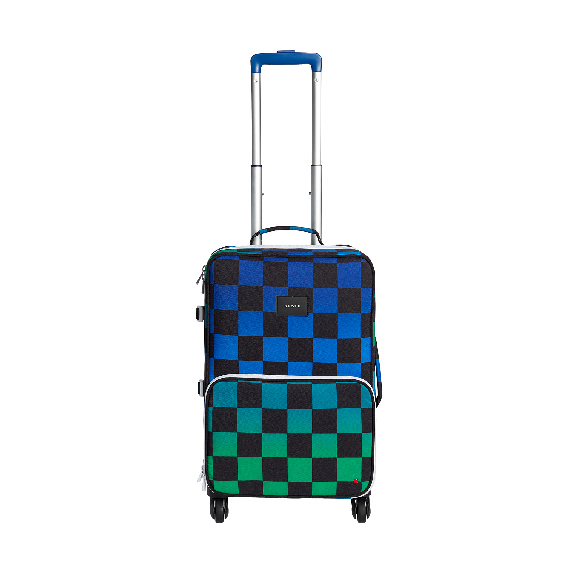 Checkered suitcase with blue and green pattern on a white background