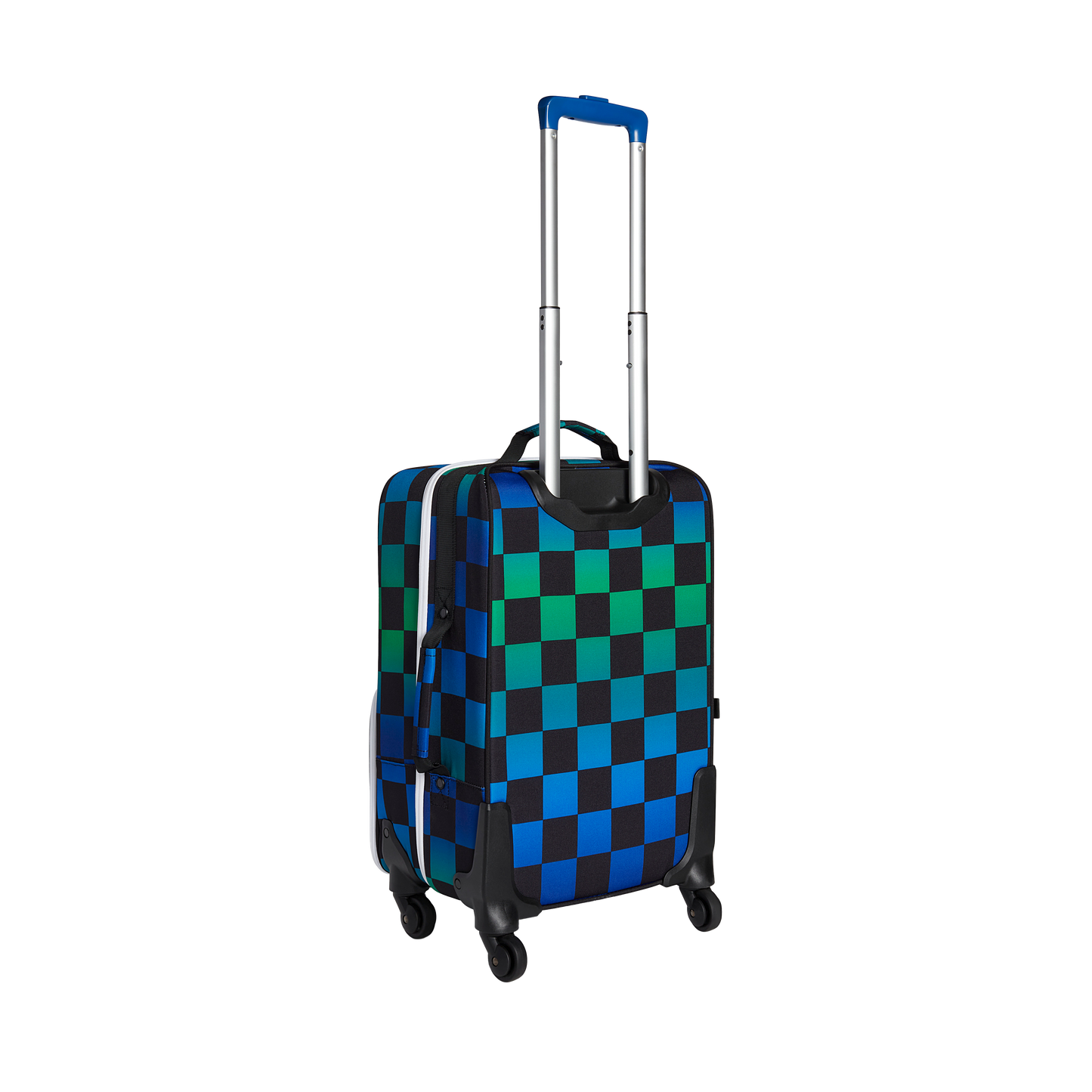 Checkered blue and green suitcase on a white background