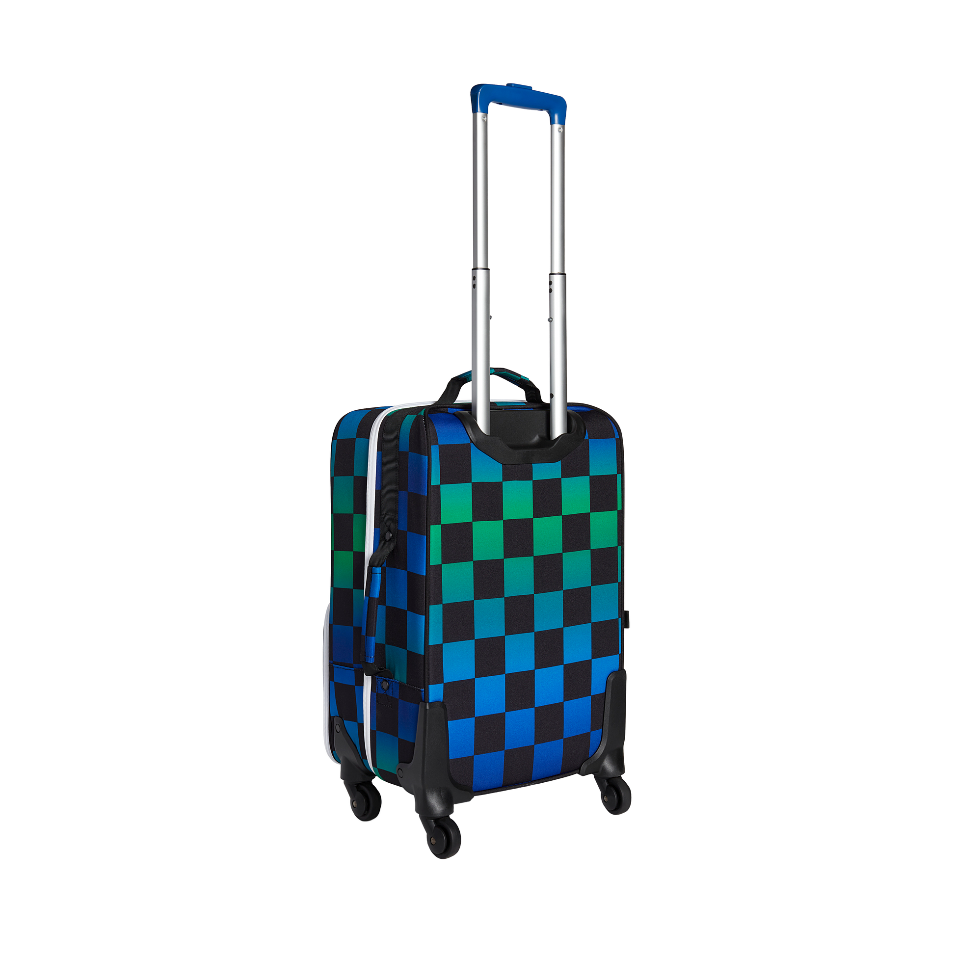 Checkered blue and green suitcase on a white background