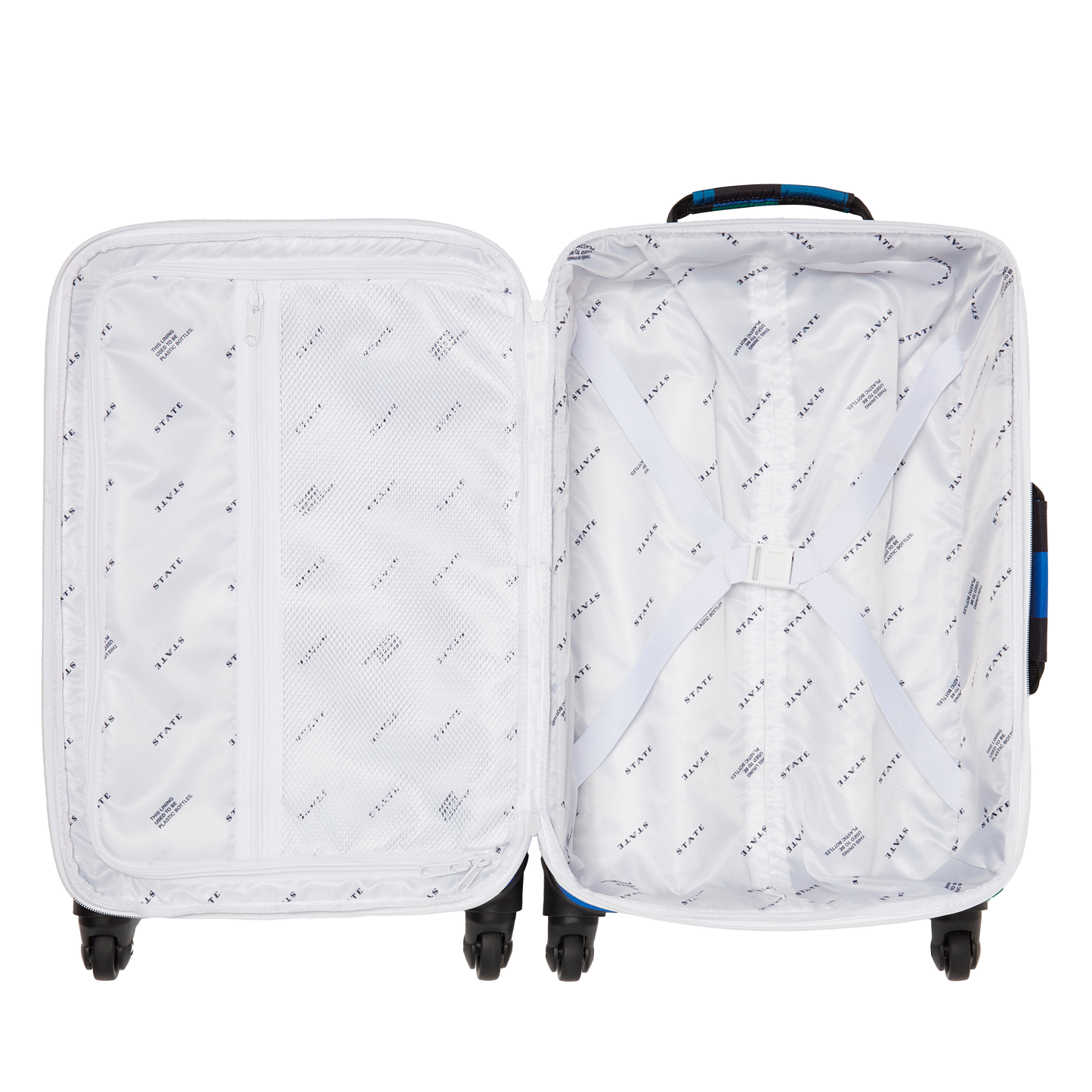 Open suitcase with white interior and patterned exterior on a white background