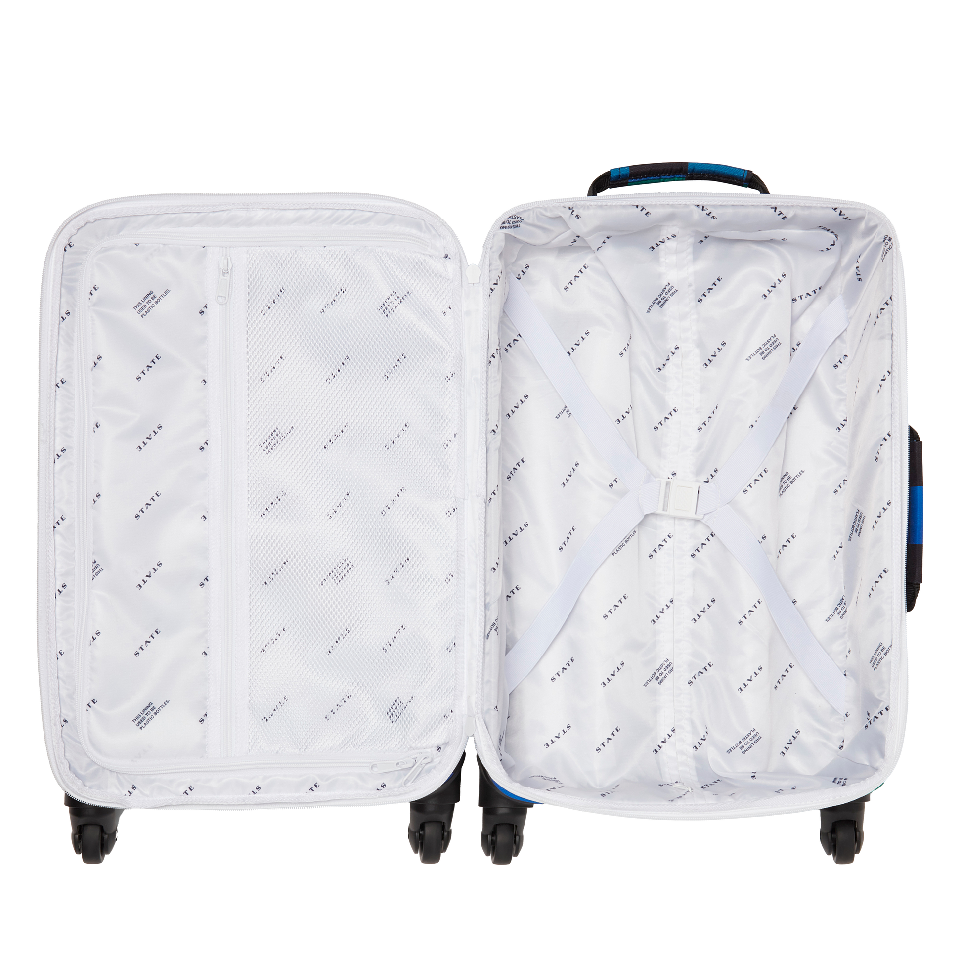 Open suitcase with white interior and patterned exterior on a white background