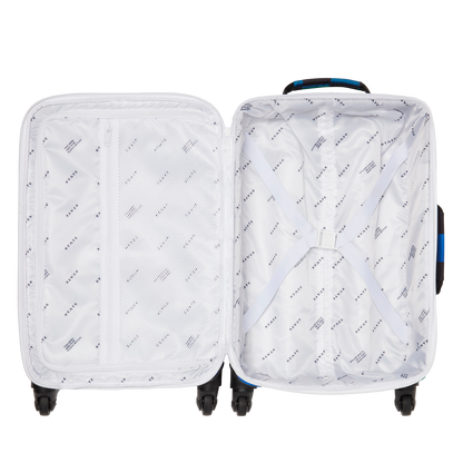 Open suitcase with white interior and patterned exterior on a white background