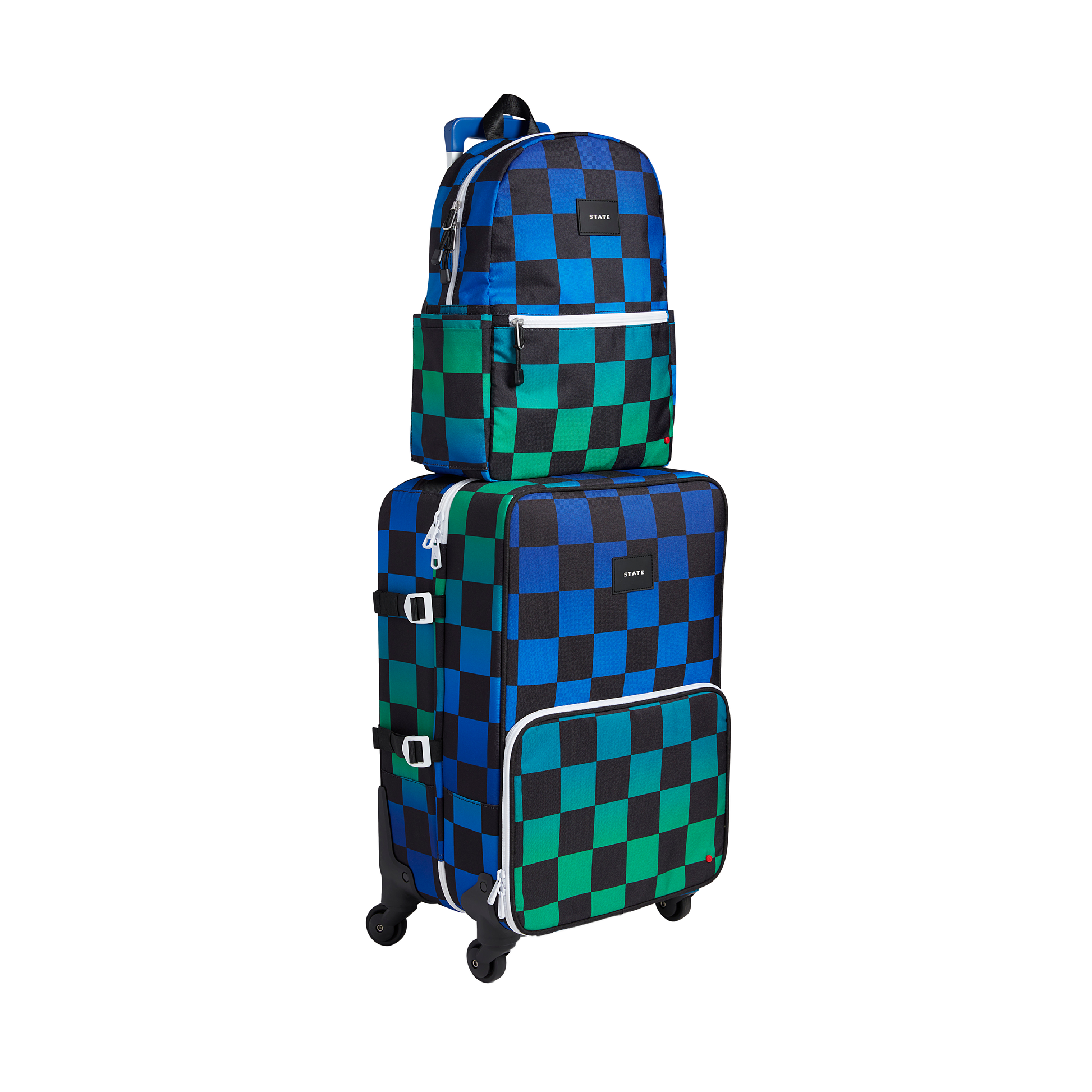 Stack of blue and green checkered luggage and backpack on a white background