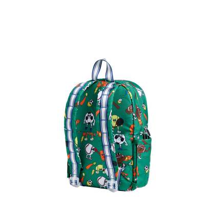 Green backpack with sports-themed design on a white background