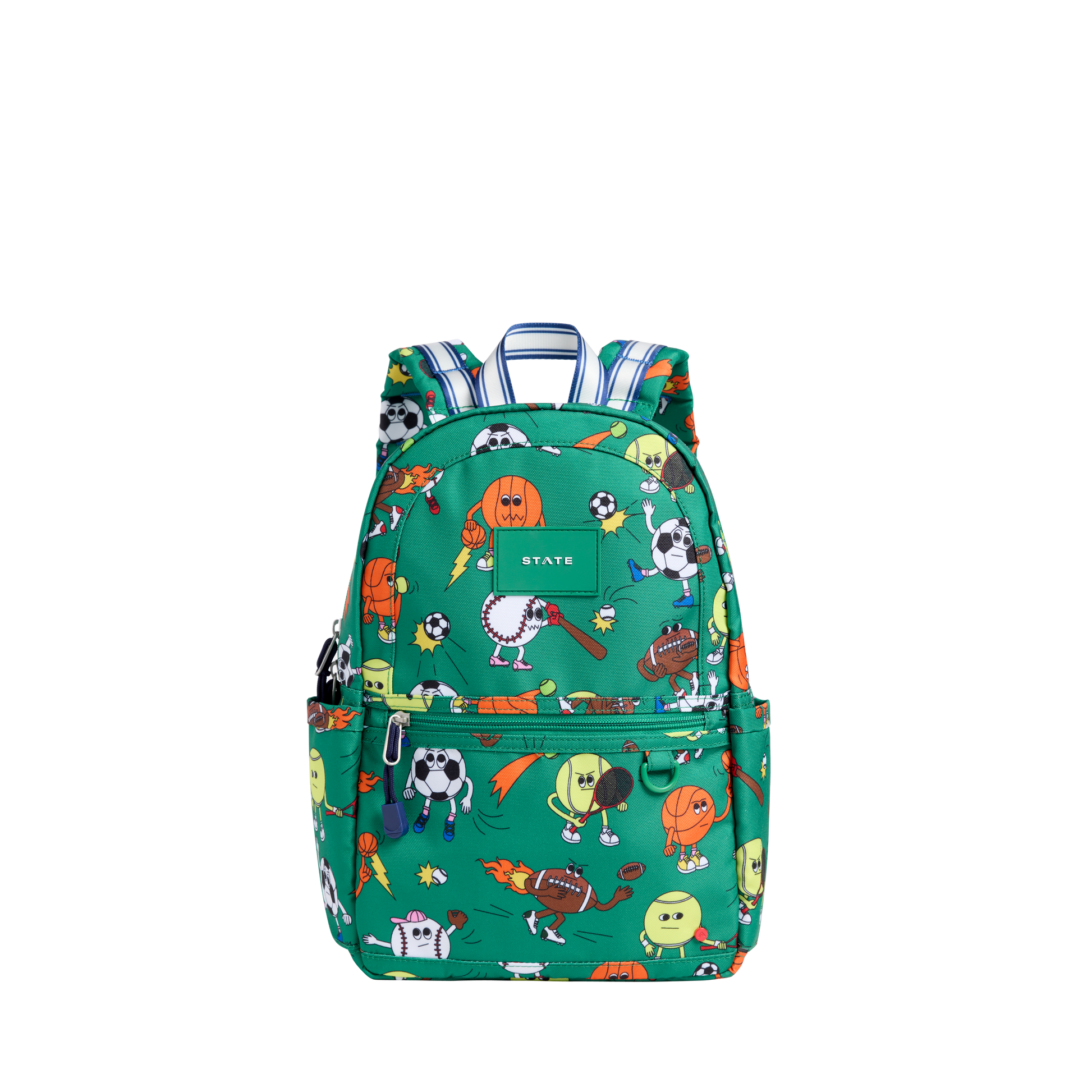 Green backpack with colorful cartoon character pattern on a white background